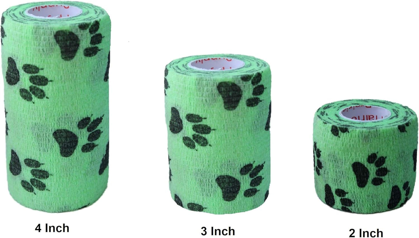 Vet Wrap Wrap Tape (Green with Paw Prints) (2 Pack) (3 Inch X 15 Feet) Self Adhesive Adherent Adhering Cohesive Flex Self Stick Bandage Grip Roll Dog Cat Pet Horse