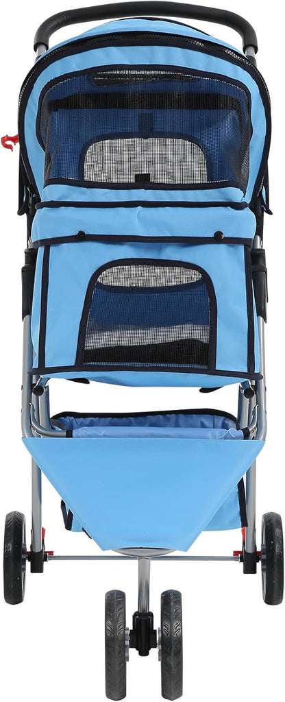 Pet Stroller Jogger Cat Dog Cage 3 Wheels Stroller Travel Folding Carrier Strolling Cart with Cup Holders and Removable Liner 35Lbs Capacity Large Doggie Stroller for Small-Medium Dogs, Cat Blue