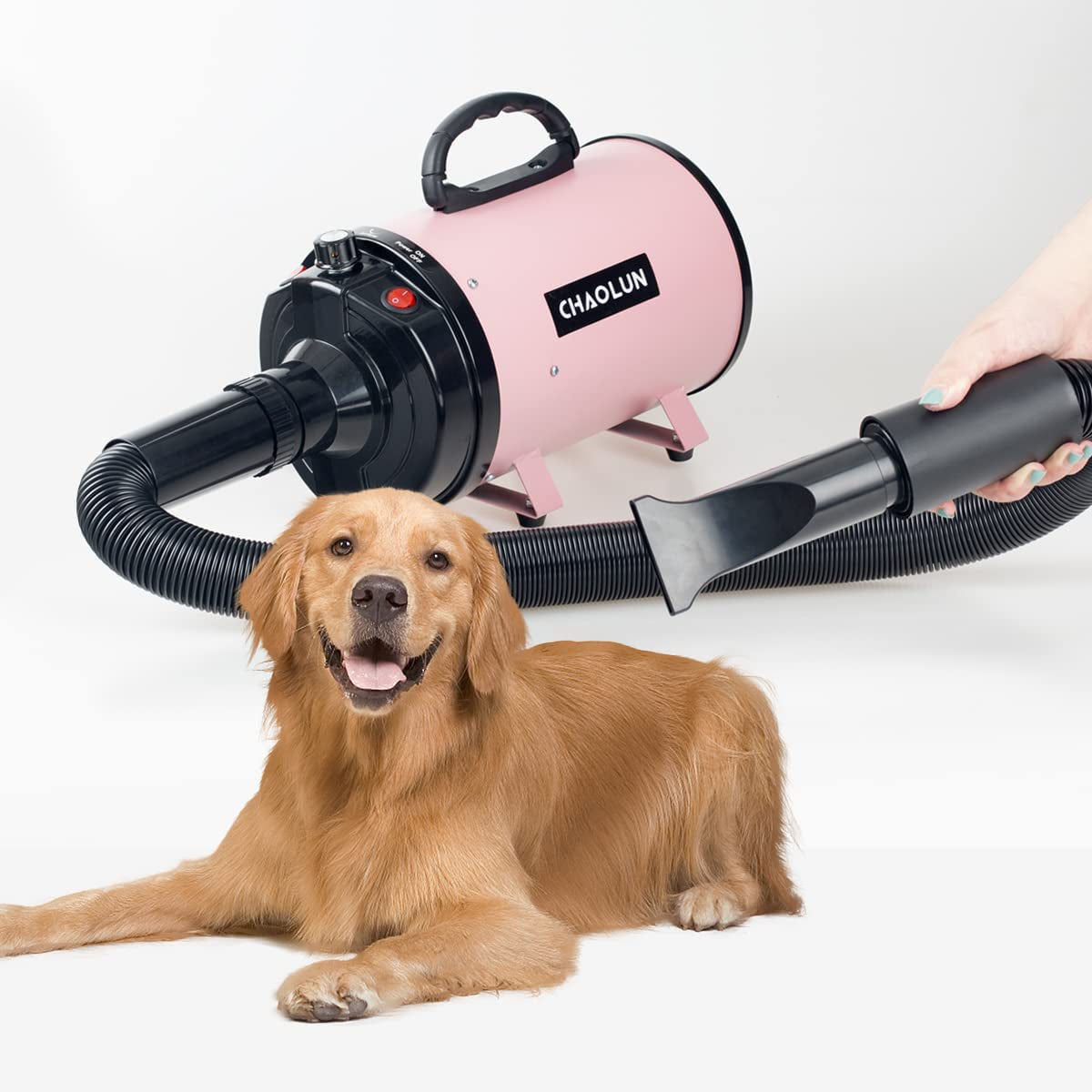 Dog Dryer, High Velocity Professional Pet Grooming Dryer with Heater, Adjustable Speed Dog Blow Dryer, 3 Nozzles and a Comb, Pink (2400W)