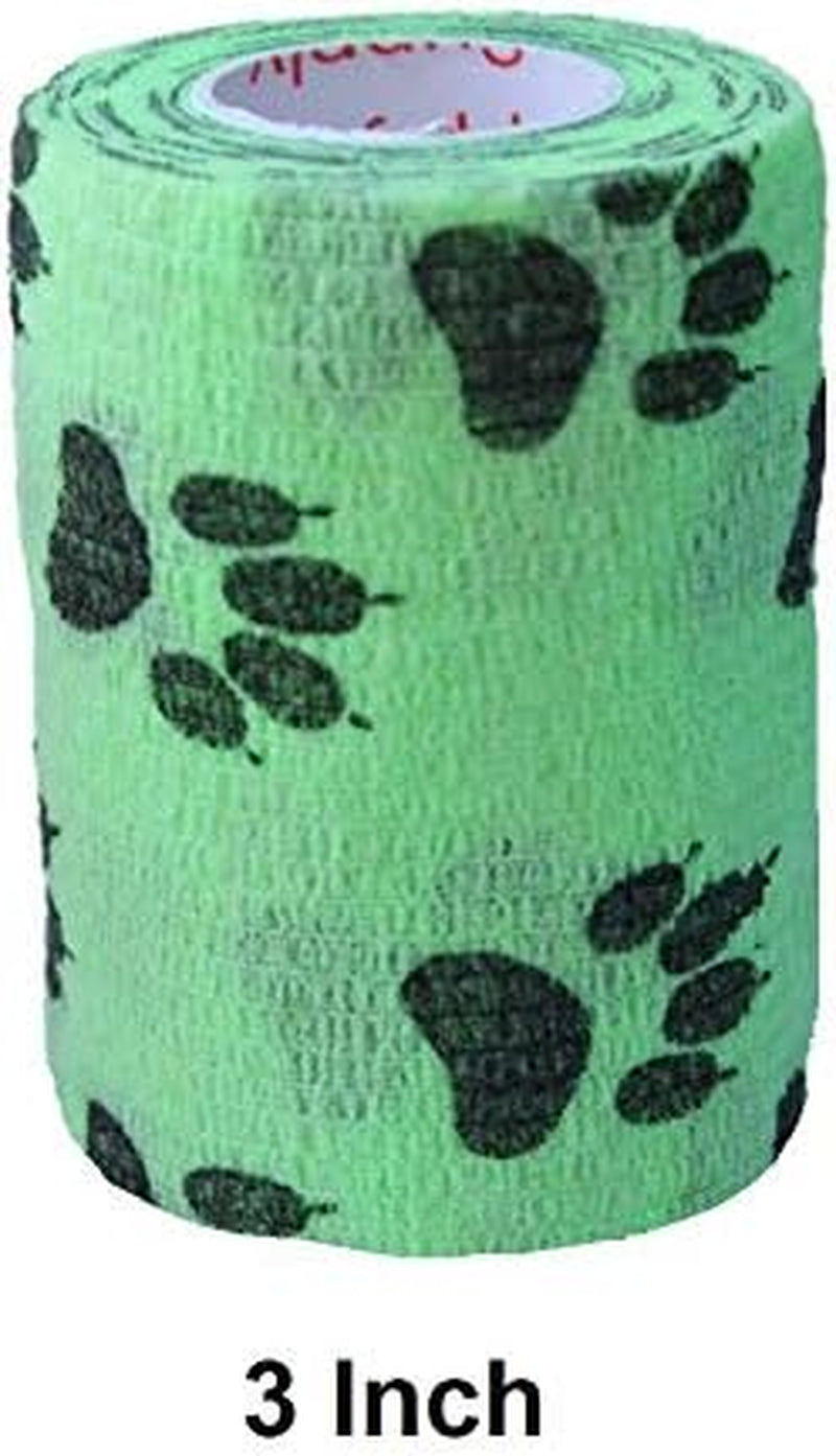 Vet Wrap Wrap Tape (Green with Paw Prints) (2 Pack) (3 Inch X 15 Feet) Self Adhesive Adherent Adhering Cohesive Flex Self Stick Bandage Grip Roll Dog Cat Pet Horse