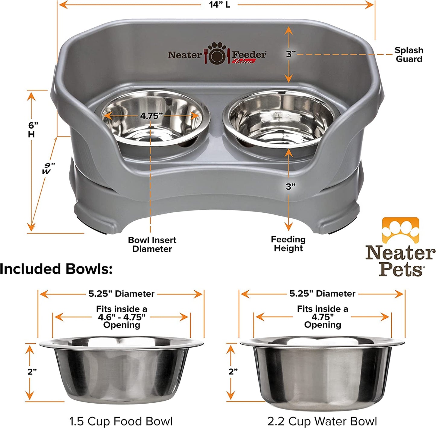 Neater Feeder Deluxe Mess Proof Dog Bowls Elevated for Small Breed – Made in USA – No Spill Raised Dog Food Bowl Stand – Stainless Steel Food and Water Bowl Set, Pet Feeding Station, Grey